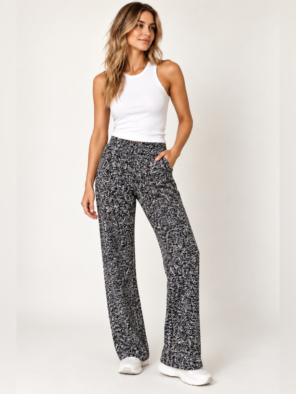 OFFLINE by Aerie Showday Wide Leg Pants XS Long Black White Marled Knit Cozy